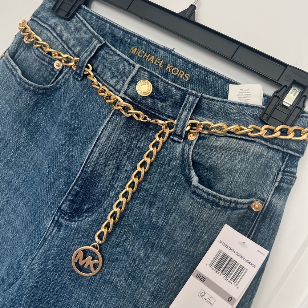 Michael Kors Blue High-Rise Jeans with Gold Chain Belt